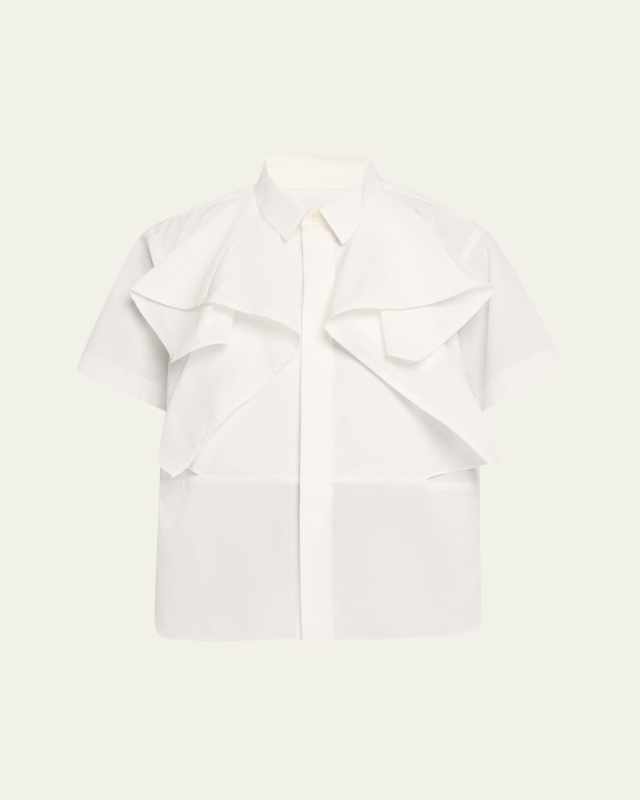Poplin Ruffle Shoulder Short Sleeve Blouse